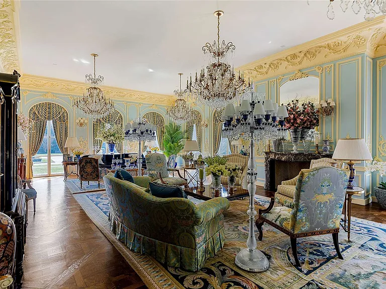 Maximalist Old Brookville Mansion in baroque style, interior of 24 private road in old brookville in nassau county baroque seating and dining area