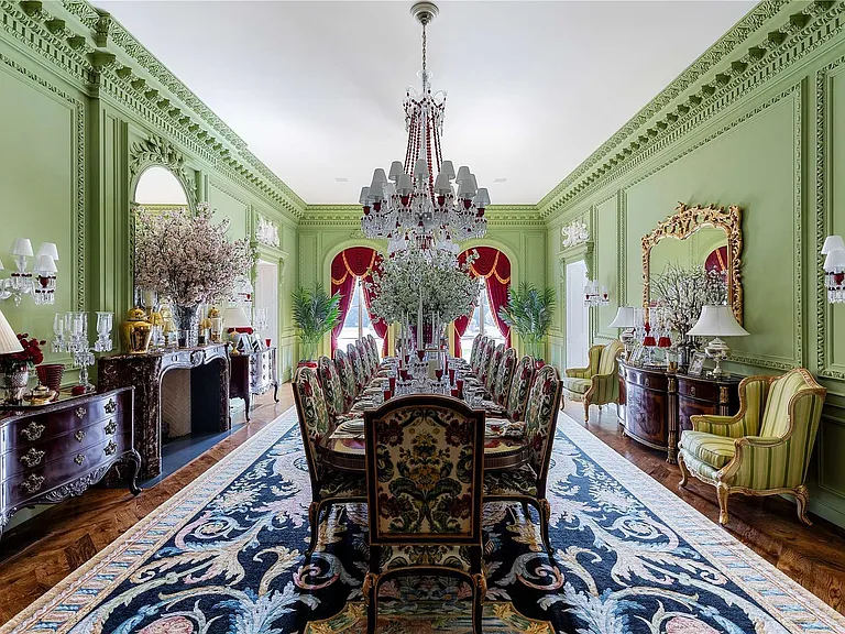 Maximalist Old Brookville Mansion in baroque style, interior of 24 private road in old brookville in nassau county baroque seating and dining area