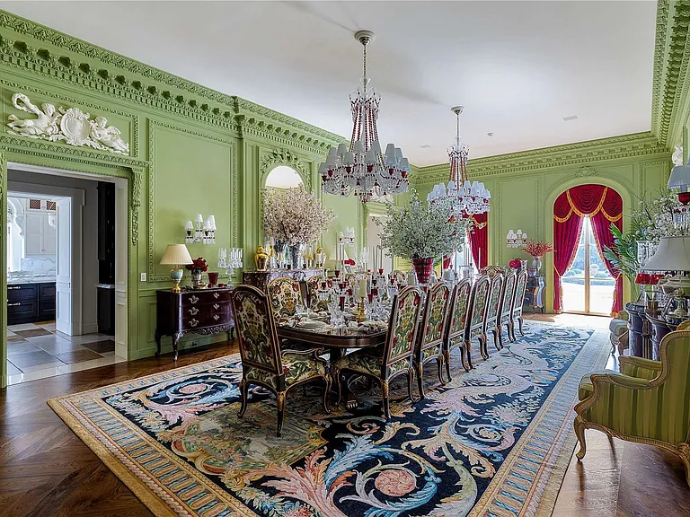 Maximalist Old Brookville Mansion in baroque style, interior of 24 private road in old brookville in nassau county baroque seating and dining area