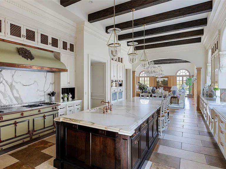 Maximalist Old Brookville Mansion in baroque style, interior of 24 private road in old brookville in nassau county with 1800s french  style kitchen and modern appliances