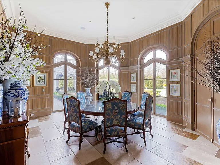 Maximalist Old Brookville Mansion in baroque style, interior of 24 private road in old brookville in nassau county baroque dining area