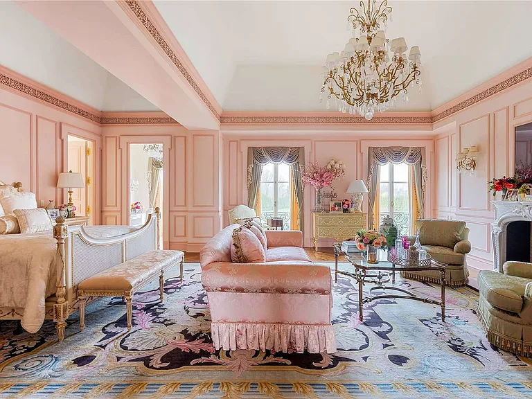 Maximalist Old Brookville Mansion in baroque style, interior of 24 private road in old brookville in nassau county with massive baroque style pink master bedroom