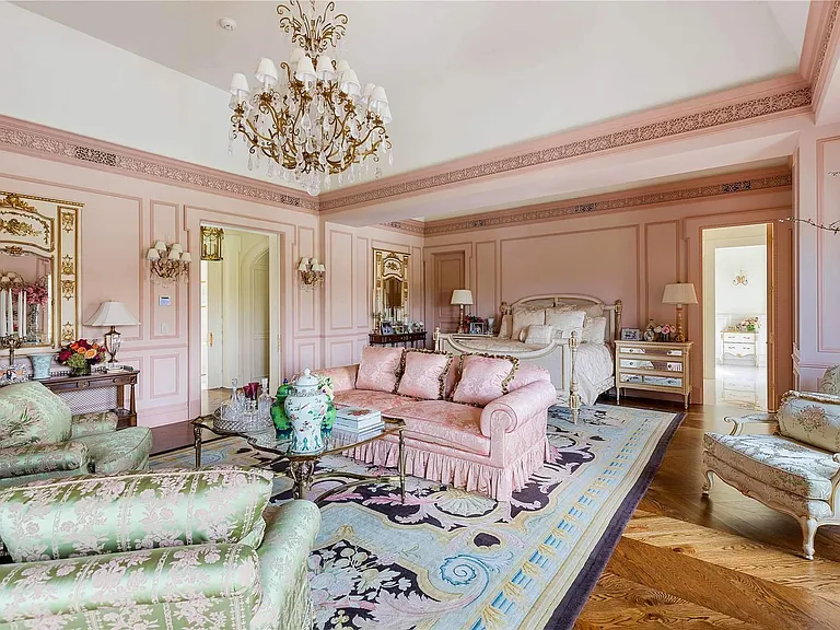 Maximalist Old Brookville Mansion in baroque style, interior of 24 private road in old brookville in nassau county with massive baroque style pink master bedroom