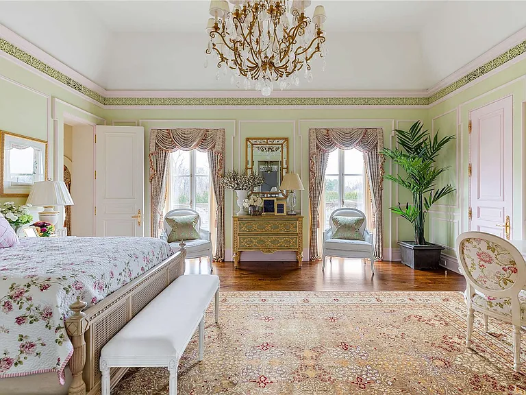 Maximalist Old Brookville Mansion in baroque style, interior of 24 private road in old brookville in nassau county with massive baroque style pink master bathroom