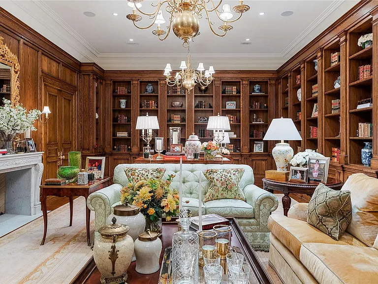 Maximalist Old Brookville Mansion in baroque style, interior of 24 private road in old brookville in nassau county with wood detailed library