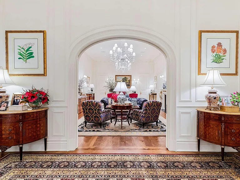 Maximalist Old Brookville Mansion in baroque style, interior of 24 private road in old brookville in nassau county with 1800s french  style living room