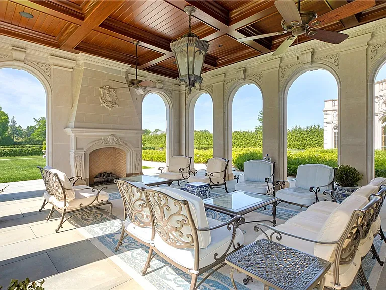 Maximalist Old Brookville Mansion in baroque style, exterior of 24 private road in old brookville in nassau county