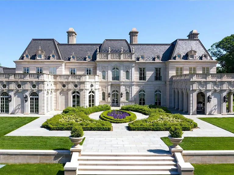 Maximalist Old Brookville Mansion in baroque style, exterior of 24 private road in old brookville in nassau county