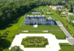 Maximalist Old Brookville Mansion in baroque style, exterior of 24 private road in old brookville in nassau county