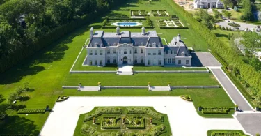 Maximalist Old Brookville Mansion in baroque style, exterior of 24 private road in old brookville in nassau county