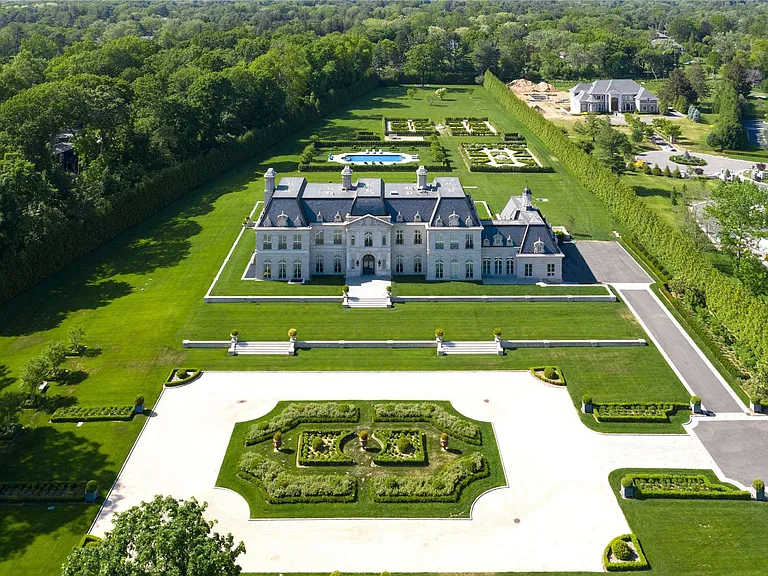 Maximalist Old Brookville Mansion in baroque style, exterior of 24 private road in old brookville in nassau county