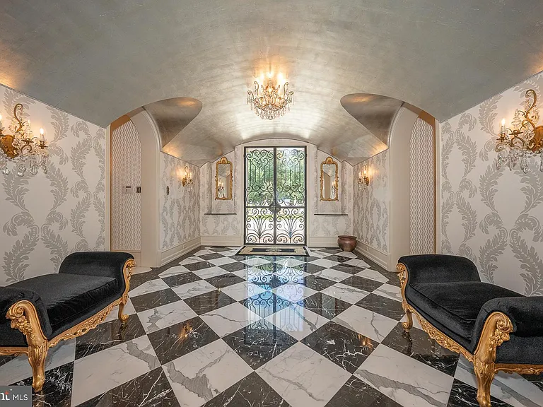 Massive Pennsylvania Castle in Gladwyne, massive marble checkerboard tile foyer