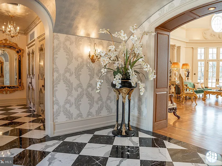 Massive Pennsylvania Castle in Gladwyne, massive marble checkerboard tile foyer