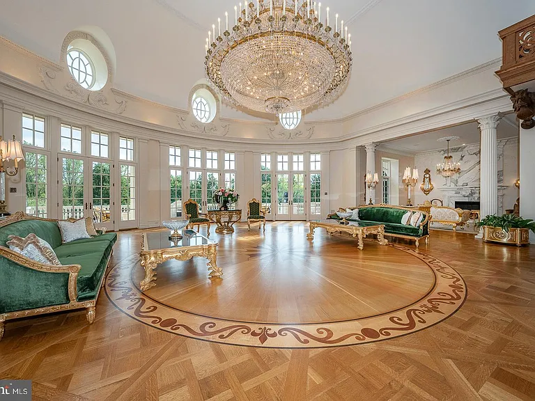 Massive Pennsylvania Castle in Gladwyne, massive hardwood foyer with crystal chandelier