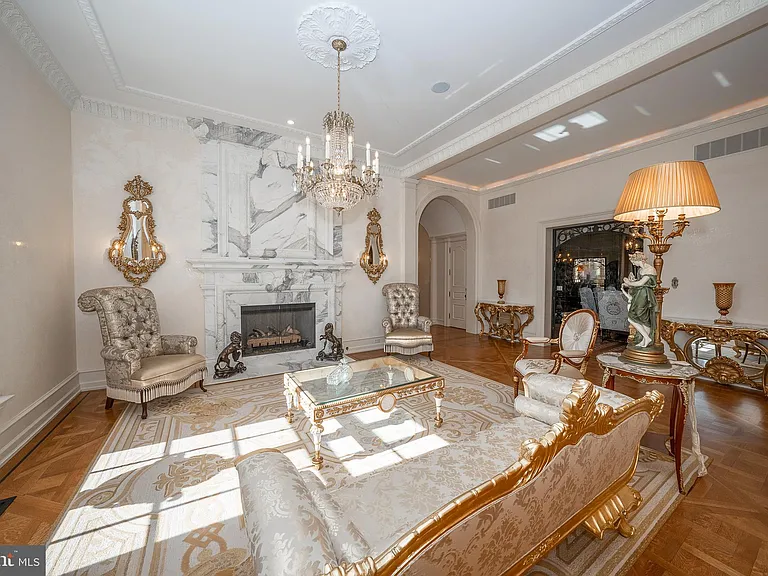 Massive Pennsylvania Castle in Gladwyne, massive sitting room decked out in velvet and gold leafing