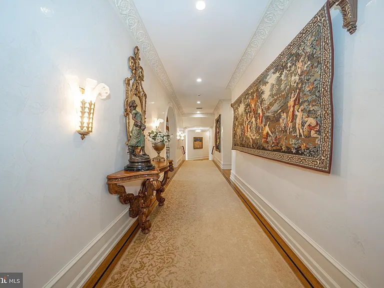 Massive Pennsylvania Castle in Gladwyne, massive marble corridor with 17th century art and furnishings