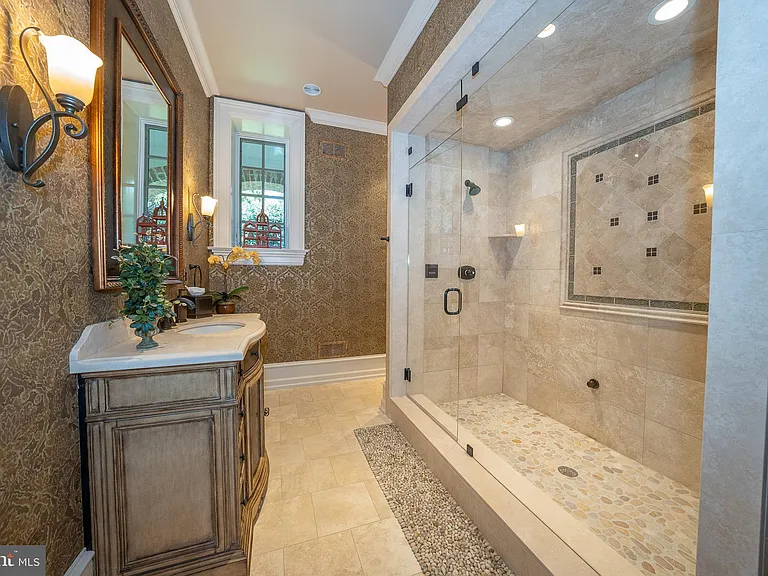 Massive Pennsylvania Castle in Gladwyne, massive master bathroom with marble tile detailing