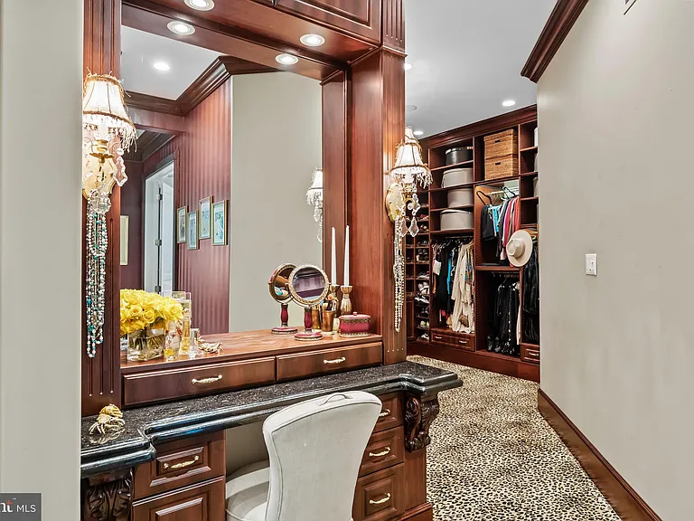 Classic NJ mansion in Moorestown New Jersey, dark wood master bedroom walk-in closet