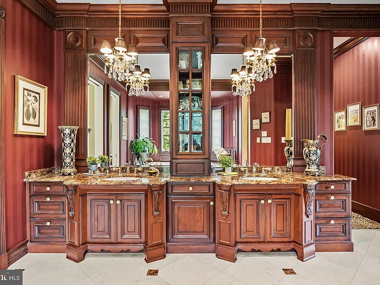 Classic NJ mansion in Moorestown New Jersey, dark wood master bedroom walk-in closet with double vanity sink