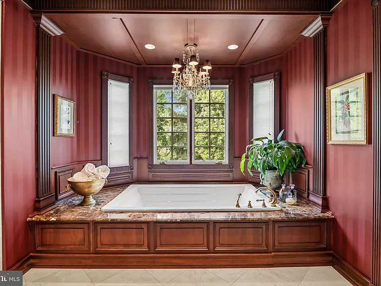 Classic NJ mansion in Moorestown New Jersey, dark wood master bathroom with sunken tub