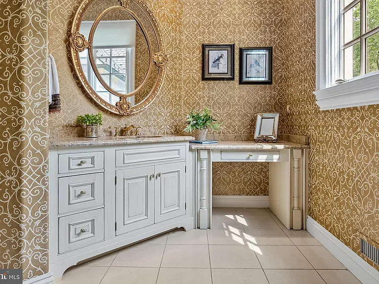 Classic NJ mansion in Moorestown New Jersey, dressing space and vanity in rich classic colors