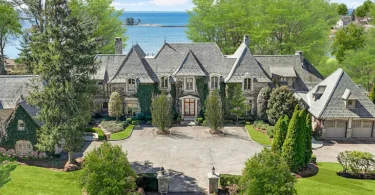 Massive Long Island Sound Mansion, exterior of Cedarcliff Road in Riverside Connecticut