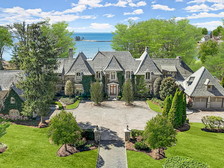 Massive Long Island Sound Mansion, exterior of Cedarcliff Road in Riverside Connecticut