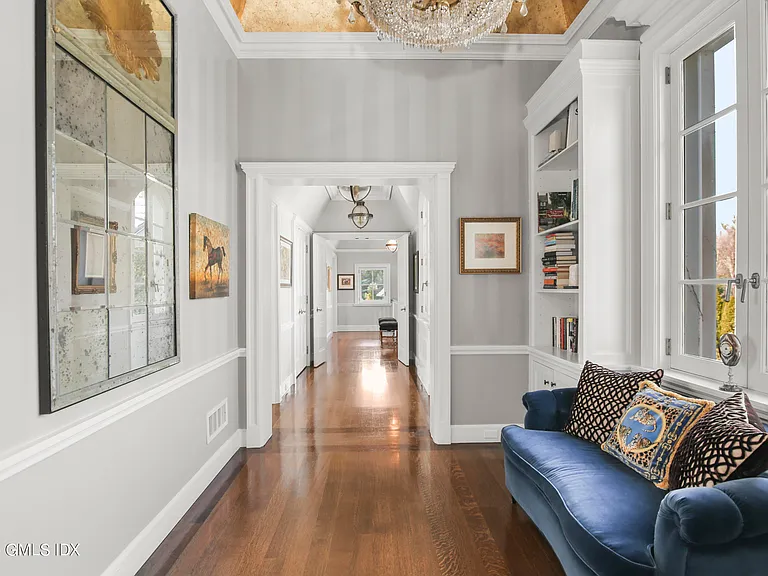 Massive Long Island Sound Mansion, interior of Cedarcliff Road in Riverside Connecticut with light and airy hallways