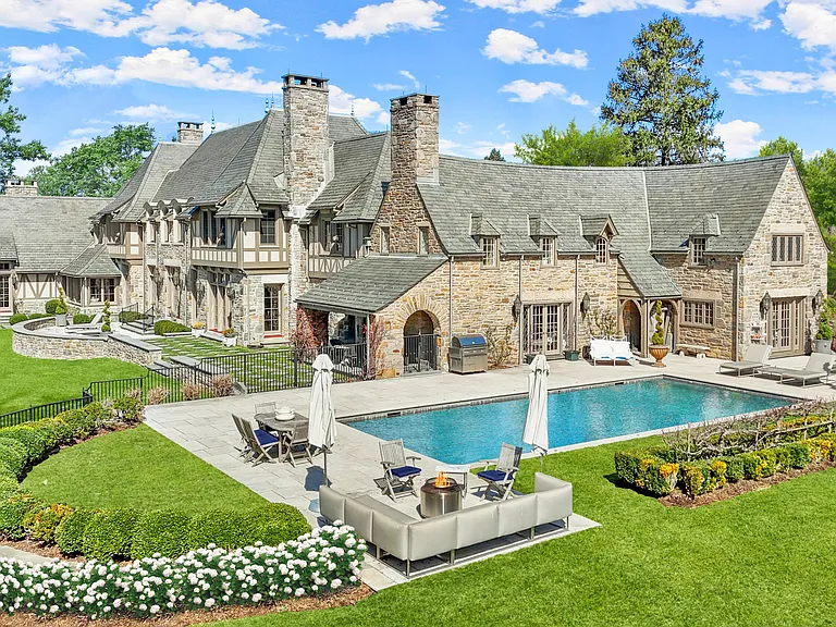 Massive Long Island Sound Mansion, exterior of Cedarcliff Road in Riverside Connecticut