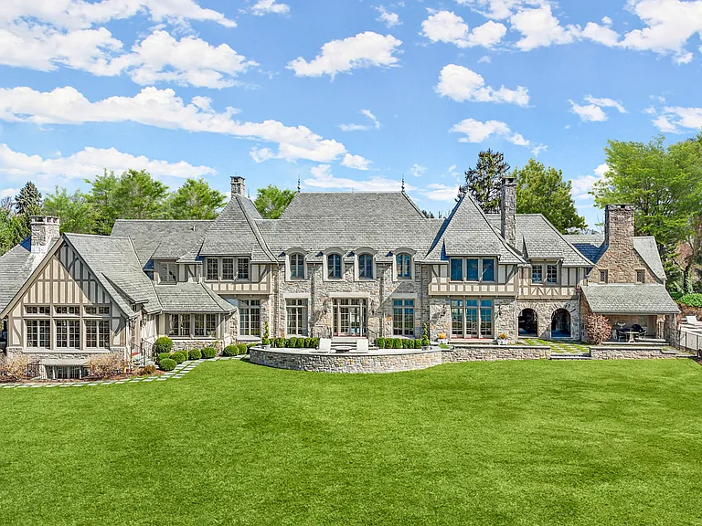 Massive Long Island Sound Mansion, exterior of Cedarcliff Road in Riverside Connecticut