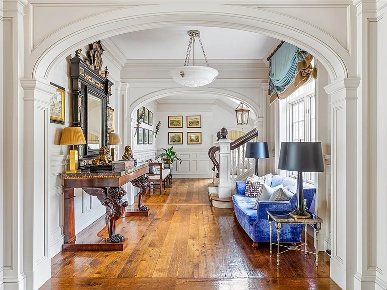 Old Westbury Mansion, exterior of Spring Hill Lane estate with seating areas and hallways