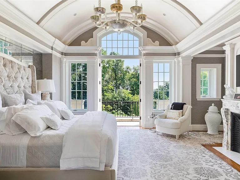 Old Westbury Mansion, exterior of Spring Hill Lane estate with white seating area with domed ceilings