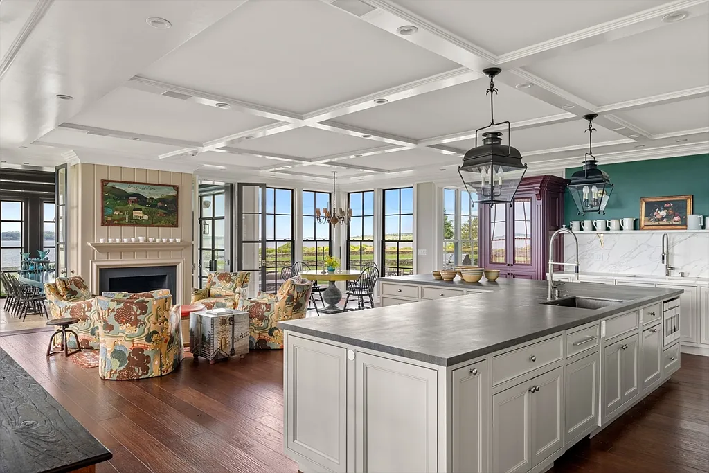 Most expensive house in Rhode Island, interior of 441 West Main Road in Little Compton with massive eat-in kitchen overlooking the Atlantic Ocean