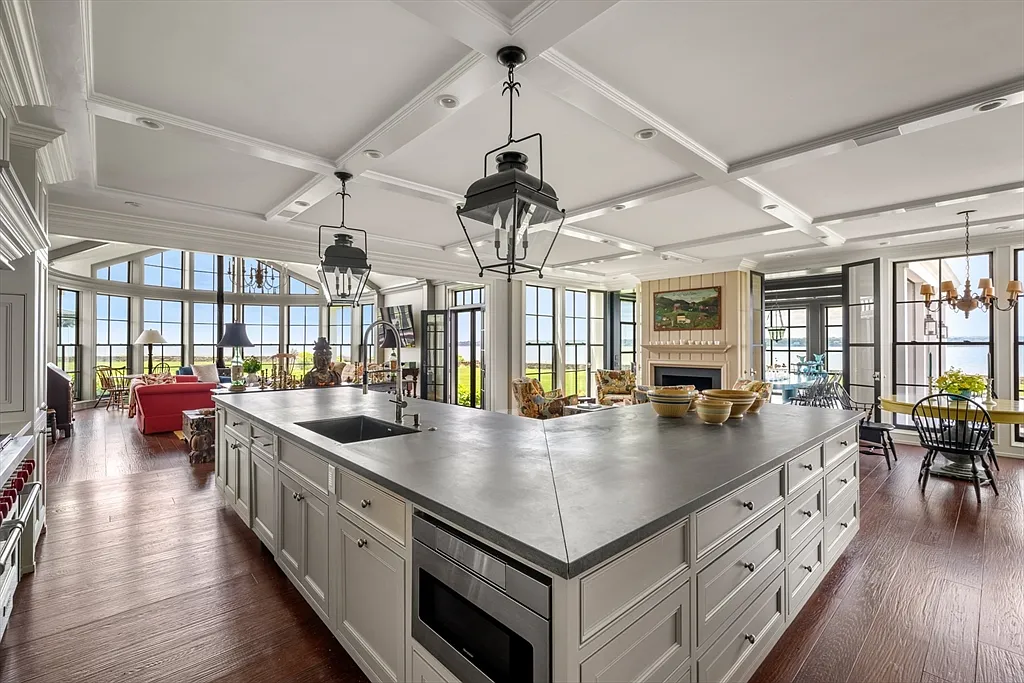 Most expensive house in Rhode Island, interior of 441 West Main Road in Little Compton with massive eat-in kitchen overlooking the Atlantic Ocean