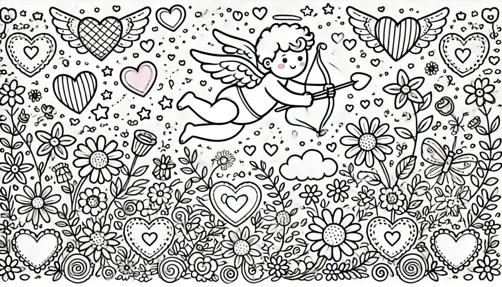 Free Valentines coloring pages for kids, Cupid flying over a garden of hearts and flowers