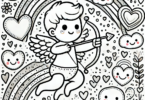 Free Valentines coloring pages for kids, Cupid shooting his bow with a rainbow and lots of hearts