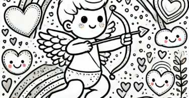 Free Valentines coloring pages for kids, Cupid shooting his bow with a rainbow and lots of hearts