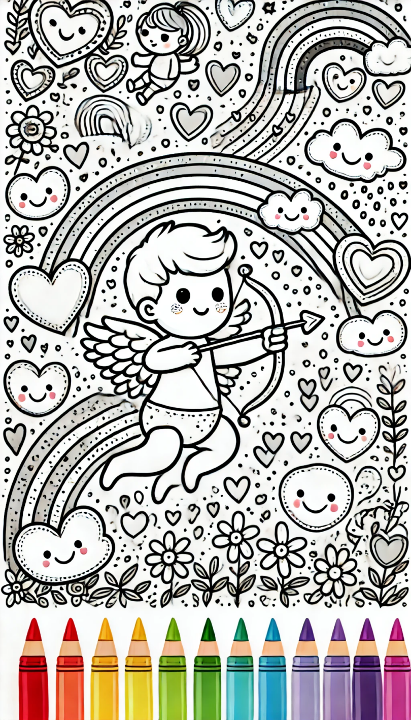 Free Valentines coloring pages for kids, Cupid shooting his bow with a rainbow and lots of hearts