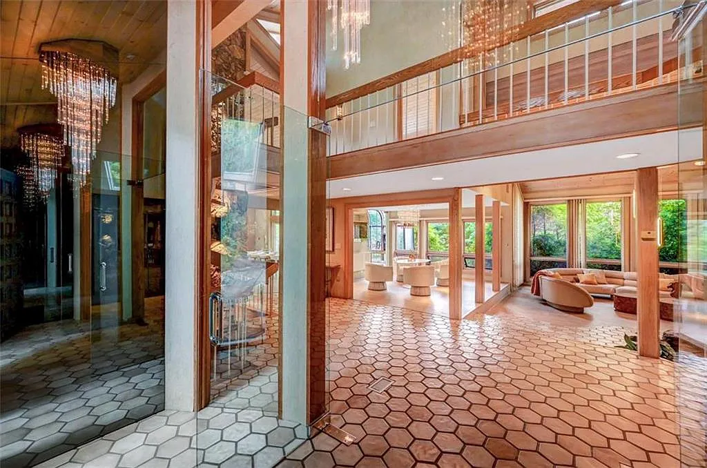 Poconos Palace in East Stroudsburg Pennsylvania, interior with massive vintage 1980s tile two-story foyer