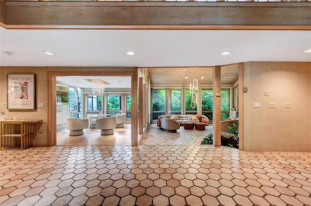 Poconos Palace in East Stroudsburg Pennsylvania, interior with massive vintage 1980s tile two-story foyer