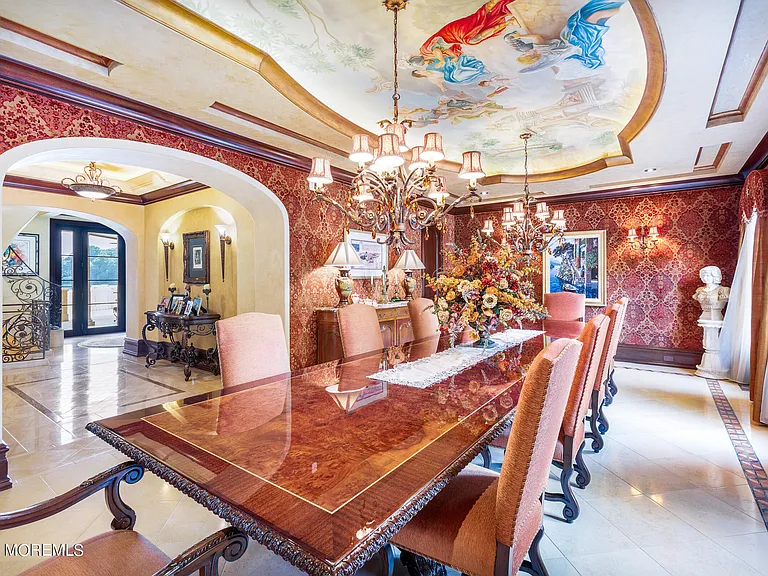 Massive Tuscan Palace in New Jersey on the Rumson and Navasink Rivers, formal eat-in dining room with painted tray ceilings and mosiacs