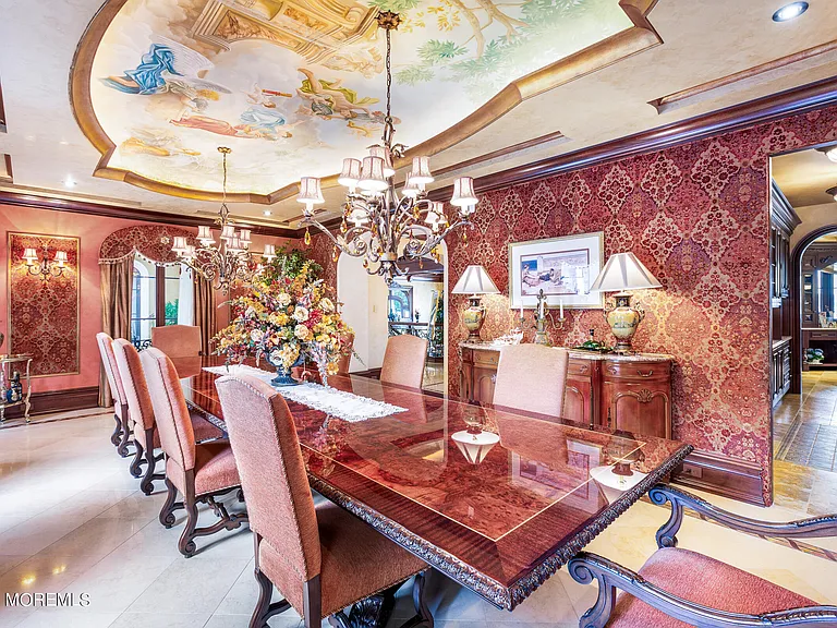 Massive Tuscan Palace in New Jersey on the Rumson and Navasink Rivers, formal eat-in dining room with painted tray ceilings and mosiacs