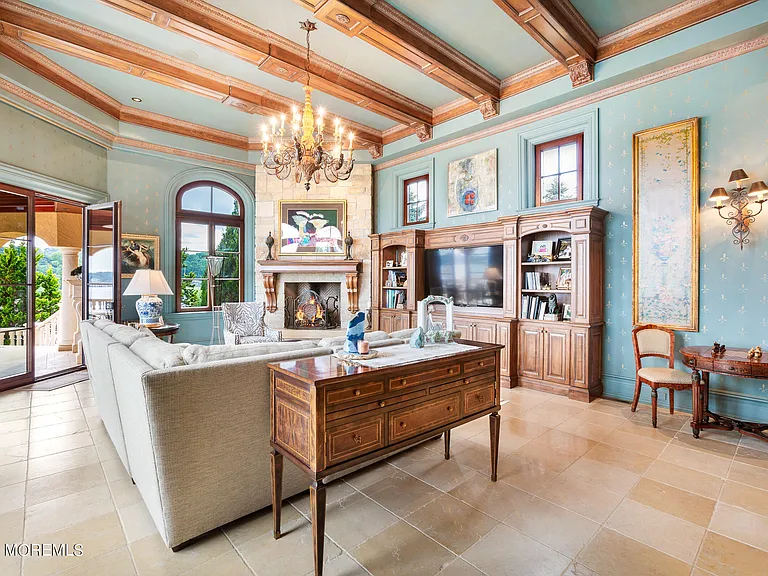 Massive Tuscan Palace in New Jersey on the Rumson and Navasink Rivers, authentic and lavish Italian living room and seating areas