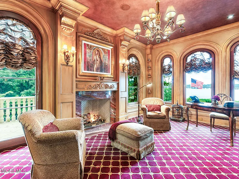 Massive Tuscan Palace in New Jersey on the Rumson and Navasink Rivers, authentic and lavish Italian living room and seating areas