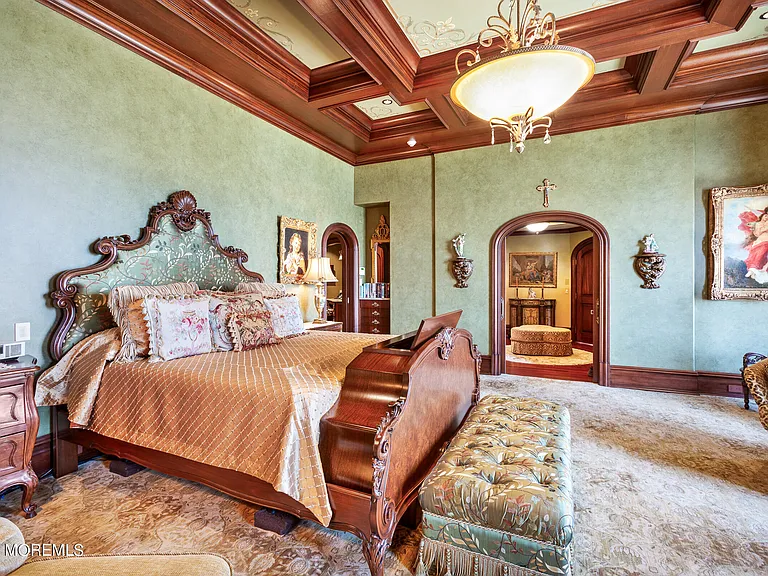 Massive Tuscan Palace in New Jersey on the Rumson and Navasink Rivers, master bedroom with wood tray ceilings