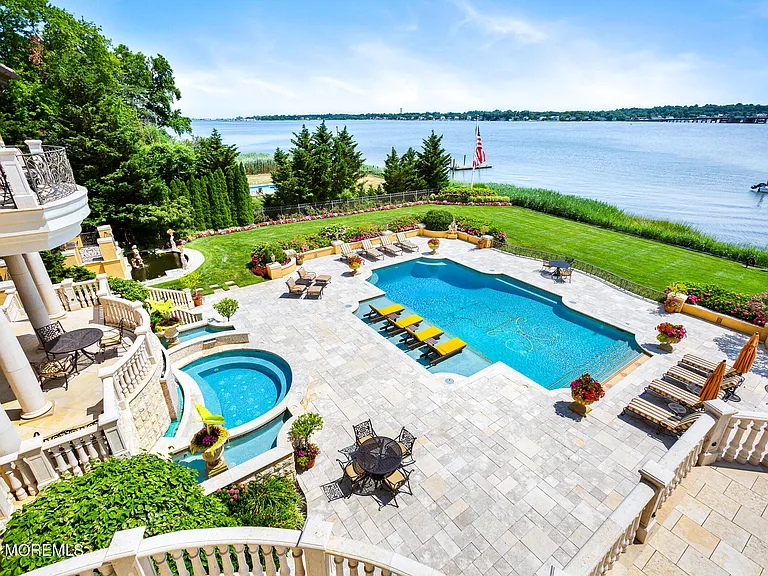 Massive Tuscan Palace in New Jersey on the Rumson and Navasink Rivers, exterior with 50,000 gallon in ground swimming pool