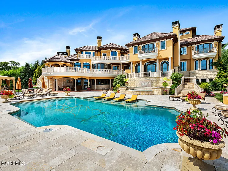 Massive Tuscan Palace in New Jersey on the Rumson and Navasink Rivers, exterior with 50,000 gallon in ground swimming pool