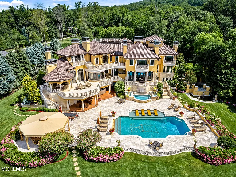 Massive Tuscan Palace in New Jersey on the Rumson and Navasink Rivers, exterior with 50,000 gallon in ground swimming pool