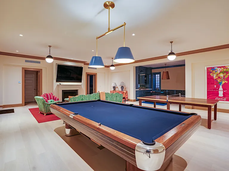 Old money Hamptons estate 134 Herrick Rd in Southampton New York, interior game room and pool hall