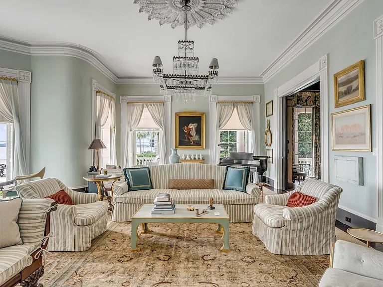 Scott Bessent's Charleston Waterfront Mansion, 1800s living room with medallion ceiling and atlantic views